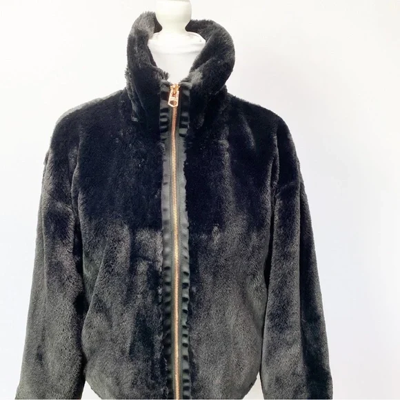 NWOT-Black Silky Faux Fur with Rose Gold Oversized Jacket S - Picture 2 of 12